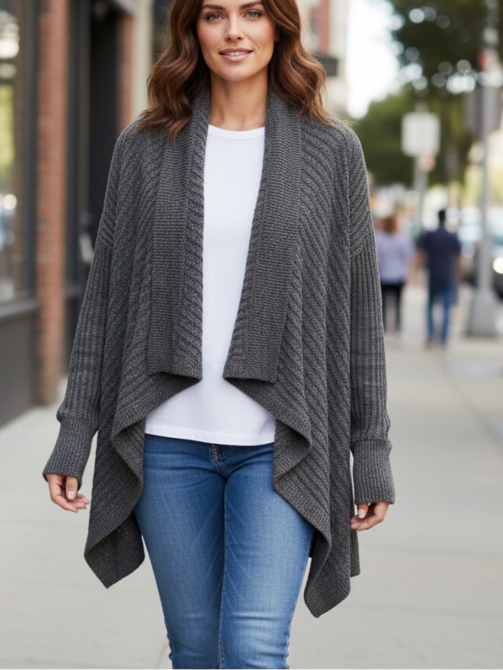 Athleta Cozy Open-Front Shawl Collar Cardigan Sweater - Charcoal Gray